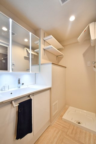 日商岩井北浦和マンションＢ棟のその他|合わせ鏡が可能な三面鏡となっております。朝の忙しい時間での身だしなみチェックも楽々です。もちろん鏡の裏側は充分な収納力なので散らかりがちな小物や化粧品なども隠せる収納ができます。