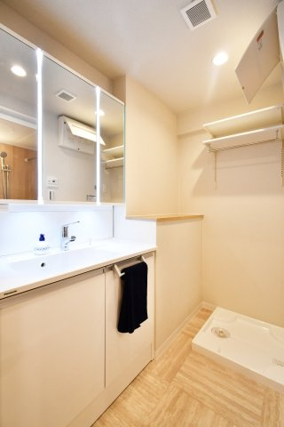 日商岩井北浦和マンションＢ棟の独立洗面台|新品交換済みの洗面化粧台！ライトがついておりますので、お化粧時にも明るく照らしてくれます。下には収納スペースがありますので、洗剤のストック置き場にもGOOD！家事のしやすい水廻り集中型の設計です。