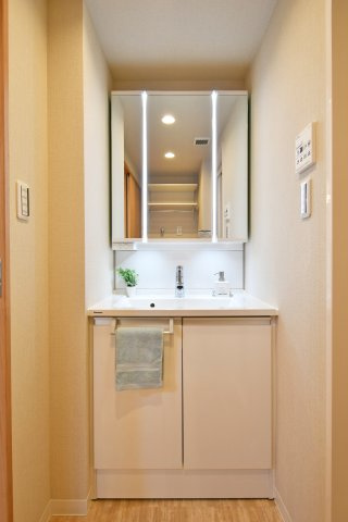 川越パーク・ホームズの独立洗面台|身支度がはかどる洗面所、朝の渋滞を軽減する写真。シャワー付洗面化粧台で身支度も掃除もラクに、洗濯パン交換済(2026年6月)も安心材料。内覧で収納・採光・動線を確認ください。