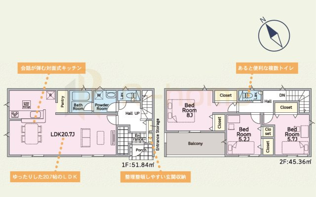 土浦市神立町第9　新築戸建て　5号棟の間取り|3LDK＋パントリー、土地面積156.77ｍ2、建物面積97.20ｍ2
