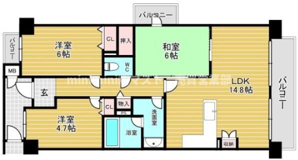 東急ドエル・アルス鶴見緑地公園の間取り|◆3LDK、価格2950万円、専有面積68.56㎡、バルコニー面積11.39㎡
