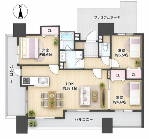 【間取り】 | グランフォーレ西公園ザ・パークサイド☆仲介手数料無料☆ | ※本図に表示されている家具・家電・照明・インテリア・観葉植物等は、AIによる配置イメージです。実際には設置されておらず、売買対象にも含まれません。図面と現況が相違する場合は、現況を優先いたします。