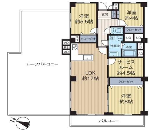 高尾スカイハイツの間取り|～西向き3SLDK　最上階の角住戸、開放感のあるルーフバルコニー付きの間取り～