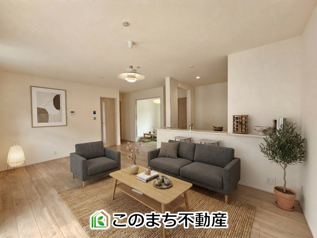 LiveleGarden.S下野市上大領の居間・リビング|家具・什器・調度品・植栽・カーテンなどはCG加工しております。販売価格には含まれません。