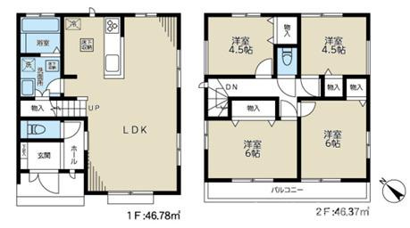 茅ヶ崎市甘沼　中古戸建の間取り|南西向き　４LDK