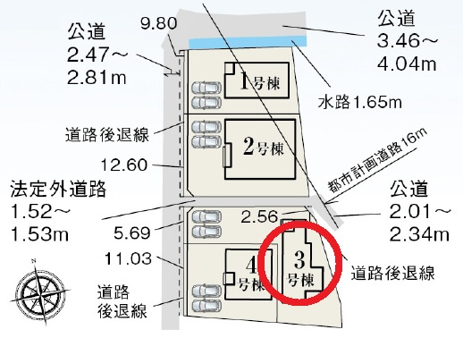 西尾市巨海町北浜田第2　新築分譲住宅　全4棟　3号棟の区画図