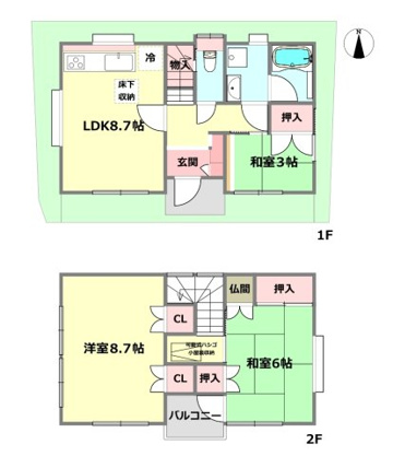 角地の３ＬＤＫの間取りです。２階の寝室は8.7帖とゆとりのプランニングとなりました。全居室２面採光の明るい間取りです。