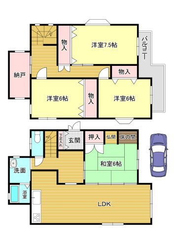 橿原市木原町の間取り|4SLDK  土地面積：138.29㎡　建物面積：109.3㎡　駐車スペースあり
