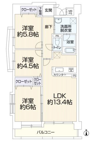 ライオンズヒルズ富士森公園の間取り|～南向き3LDK　人気条件の角住戸につき陽当たり・風通しも良好です～