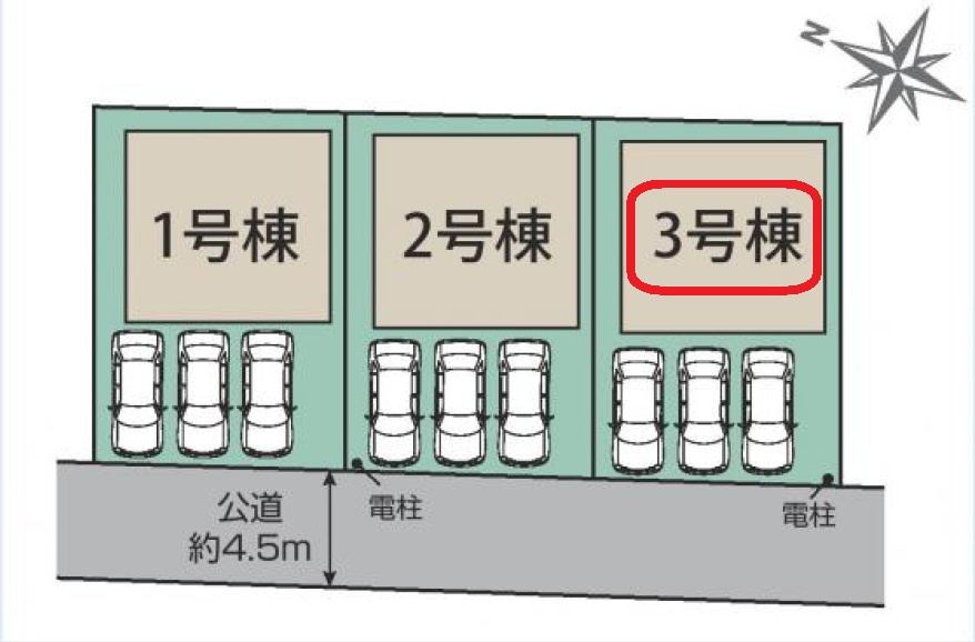 狭山市水野・全3棟　新築一戸建　3号棟の区画図|【全3棟・3号棟】カースペース並列3台。