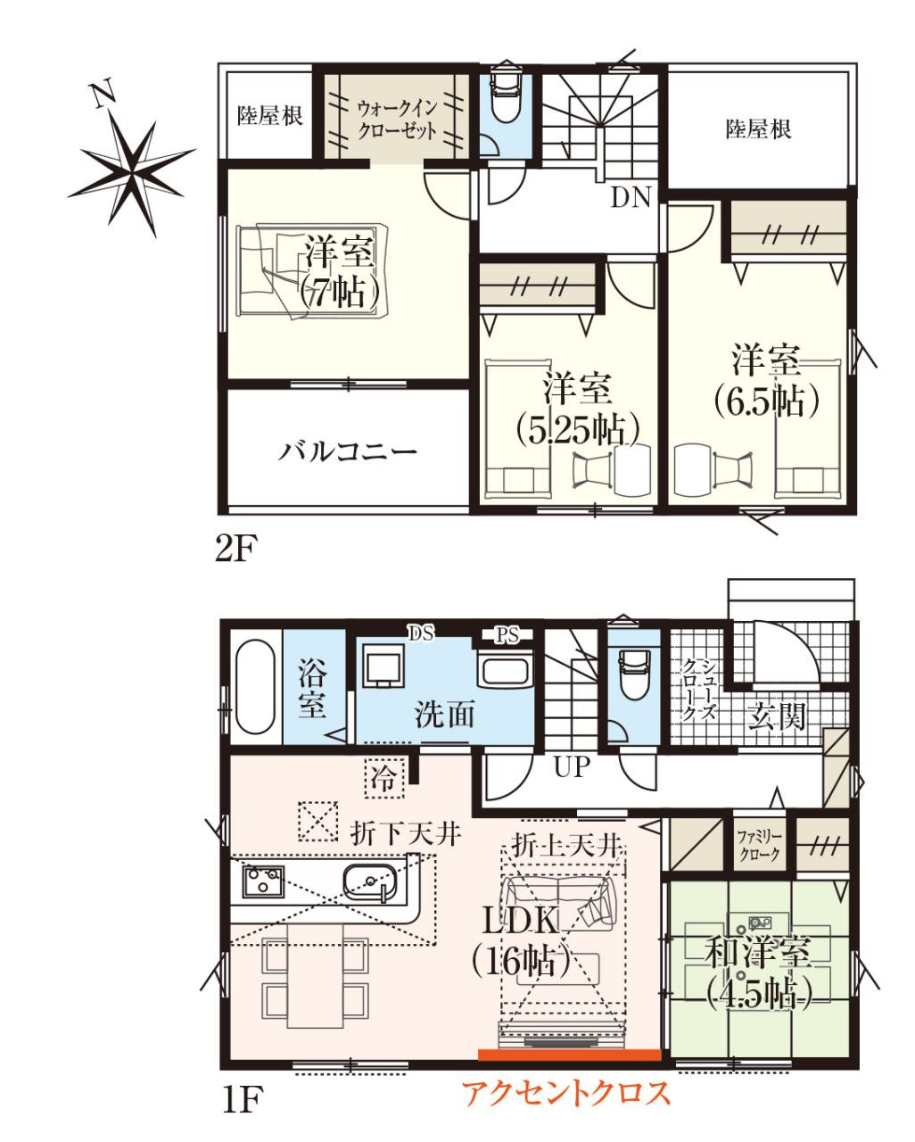 香南市野市町西野　新築戸建　の間取り|4LDK+FC+WIC+SC　建物面積　107.44㎡（約32.50坪）
インナーバルコニー6.62㎡含