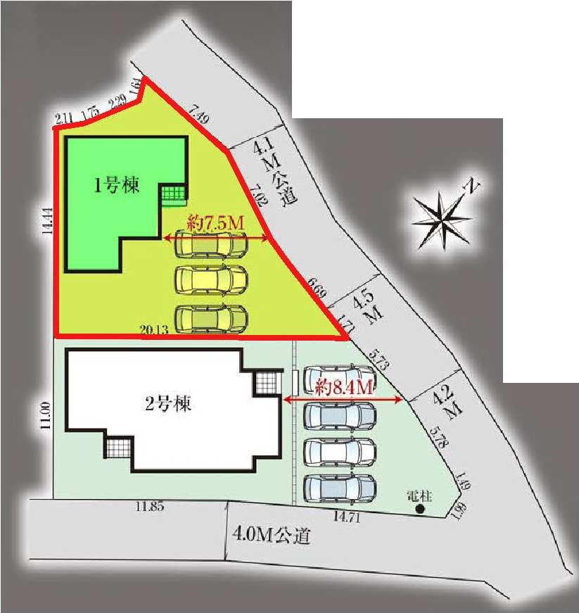 新築　渋川市金井全２棟　GRAFARE　1号棟の区画図|1号棟　区画図　北側接道幅員約4.1ｍ			
	
