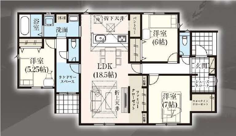 新築　渋川市金井全２棟　GRAFARE　2号棟の間取り|建物面積98.95㎡　広々18帖のLDKの平屋のお家♪シューズインクローク・ファミリークローク・ウォークインクローゼット・各部屋収納付き！ランドリースペースで平屋でも人目を気にせずに洗濯できます！
