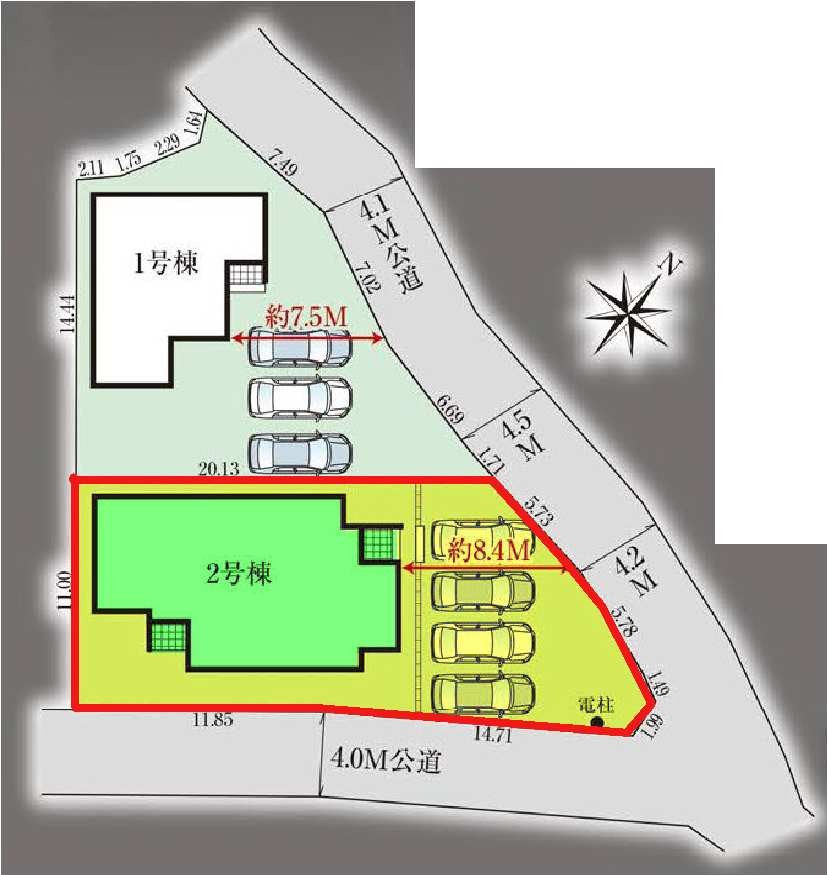 新築　渋川市金井全２棟　GRAFARE　2号棟の区画図|2号棟　区画図　北側接道幅員約4.1ｍ　南東側接道幅員約4ｍ			
			
	
