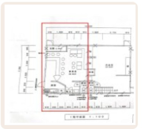 上薮田　住居付店舗の間取り|1階図面です。現在赤枠で囲まれた店舗が空室となっております。(北西部分)
※図面と現況が異なる場合は現況を優先いたします。