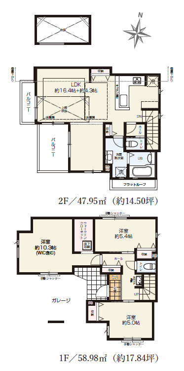 練馬区田柄2丁目　生活快適エリア　ZEH水準省エネ邸宅　全3棟の間取り|2号棟　3LDK+WIC+車庫　敷地面積 99.52ｍ2(協定部分 0.50ｍ2含む)　建物面積 106.93ｍ2(車庫部分 7.76ｍ2含む)