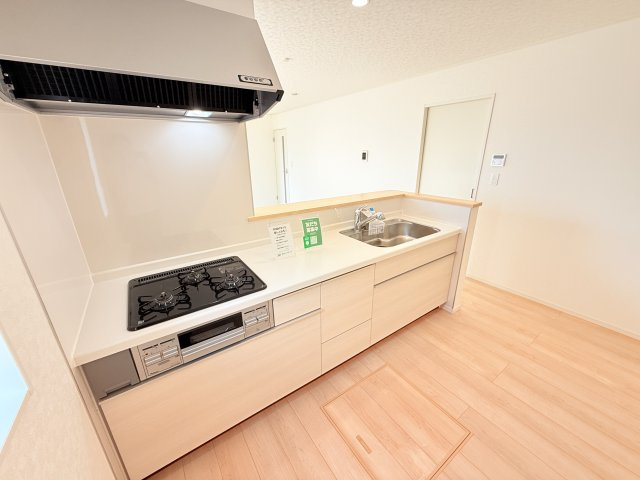 つくば市若森第1　新築戸建　1号棟のキッチン|家族とのコミュニケーションや小さいお子さんの様子を見守りながら安心して料理ができます。洗練されたスタイリッシュなデザインと使い勝手を追求した設備、豊富な収納力も大満足です。