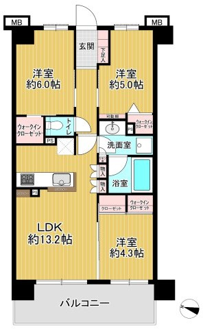エクセレントシティ新松戸グランの間取り|対面式カウンターキッチン◆全居室採光・収納あり