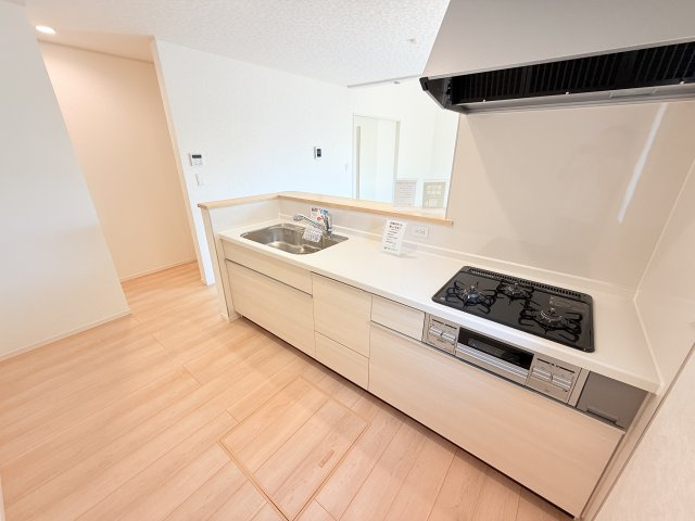 つくば市若森第1　新築戸建　4号棟のキッチン|家族とのコミュニケーションや小さいお子さんの様子を見守りながら安心して料理ができます。洗練されたスタイリッシュなデザインと使い勝手を追求した設備、豊富な収納力も大満足です。