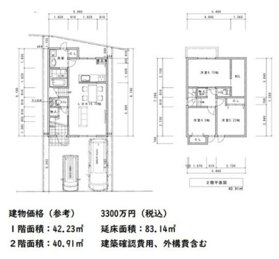 【土地図＋建物プラン例】 | 川島尻堀町 売土地 | 参考プラン　建延83.14㎡　　価格3300万円（税込）