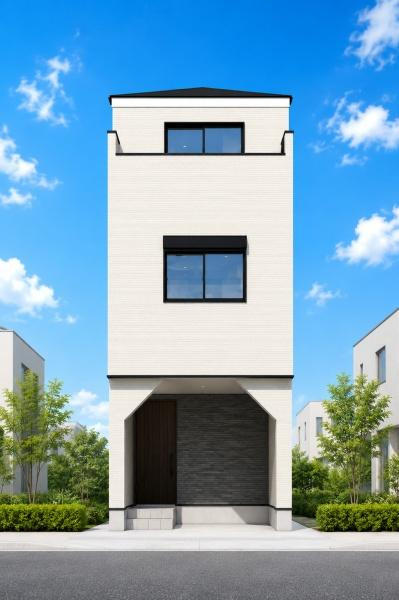 川崎市幸区南加瀬３丁目の新築一戸建の完成予想図|外観のイメージパースです。
お洒落な外観で完成が楽しみです。
※背景はCGでのイメージになり、実際とは異なります。