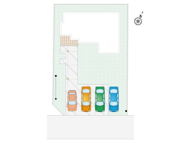 【3号棟:区画図】駐車4台可能。駐車スペースにゆとりがあるので、家族それぞれの車を停めても余裕があります。