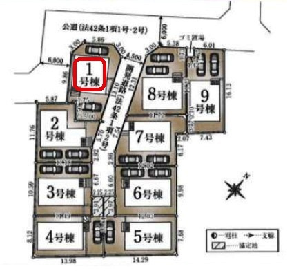 清瀬市下宿1丁目・全9棟　新築一戸建　1号棟の区画図|【全9棟・1号棟】開放感ある3方角地・土地面積121.19平米（約36.65坪）