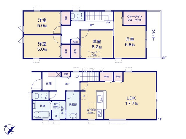 刈谷市井ヶ谷町中切18-1『仲介手数料無料』新築一戸建て・建売の間取り|　1号棟　1F:LDK17.7帖！ダイニング収納♪ゆとりの洗面室♪廊下収納♪2F:主寝室6.8帖　WIC設置！洋室5.2帖・洋室5帖・洋室5帖　CL設置♪廊下収納♪バルコニー♪