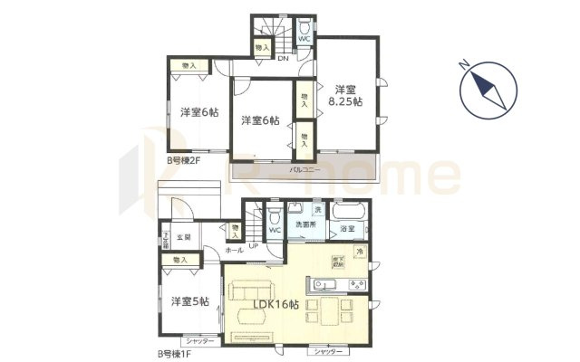 つくば市高野台3丁目　新築戸建て　B号棟の間取り|4LDK＋全居室収納、土地面積203.56m2、建物面積99.78m2