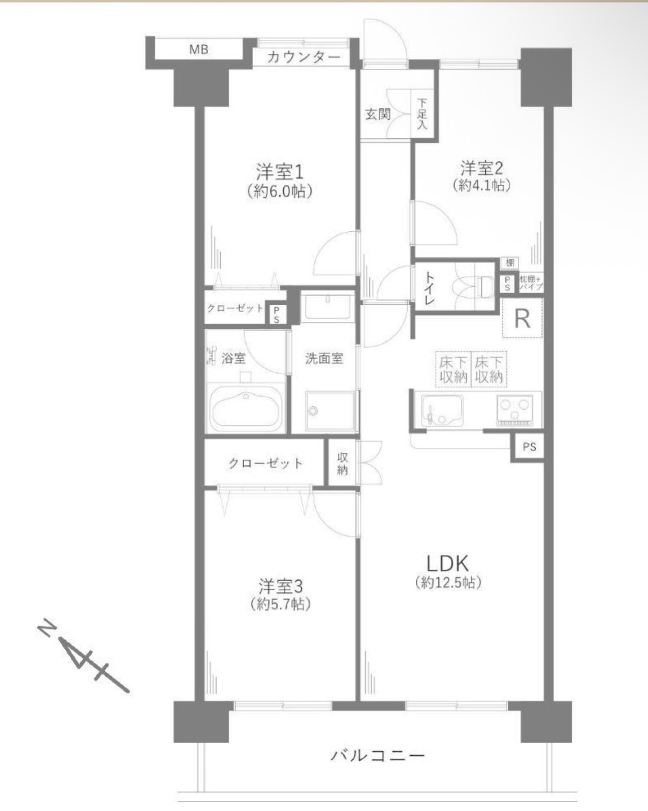 コスモ蕨センターコートの間取り|3LDK 専有面積61.48m2 バルコニー面積8.9m2