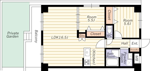 【間取り】 | 三津屋グリーンハイツ | 南西角部屋・専用庭約４５㎡・陽当り良好・Ｒ８年６月末室内改装完了予定