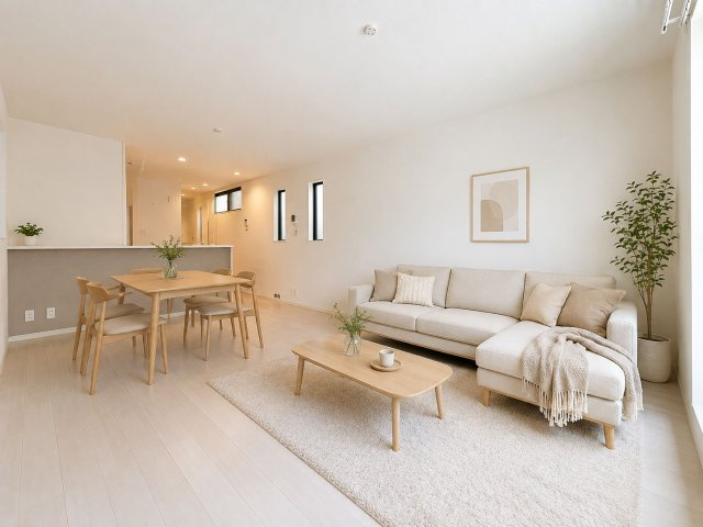 尼崎市大庄北3丁目中古戸建│3LDK+駐車駐輪の居間・リビング|ナチュラルテイストな内装はどんな家具も合わせやすく、お好みのインテリアコーディネートをお楽しみいただけます。※家具・小物はCGによるイメージです。実際には設置されておりません。