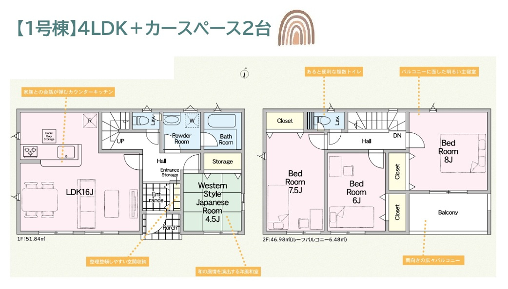 厚木市三田南第9　新築戸建　全1棟の間取り|陽光に包まれながら暮らせる「全室南向き」◎陽当たり良好です♪
和の風情を演出する洋風和室がある4LDKプラン！