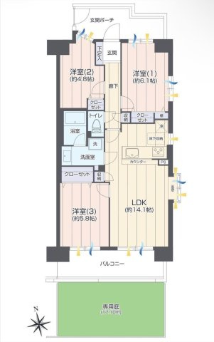 東急ドエル・アルス戸田の間取り|3LDK 専有面積66.92m2 バルコニー9.12m2 玄関ポーチ8.13m2 専用庭17.10m2