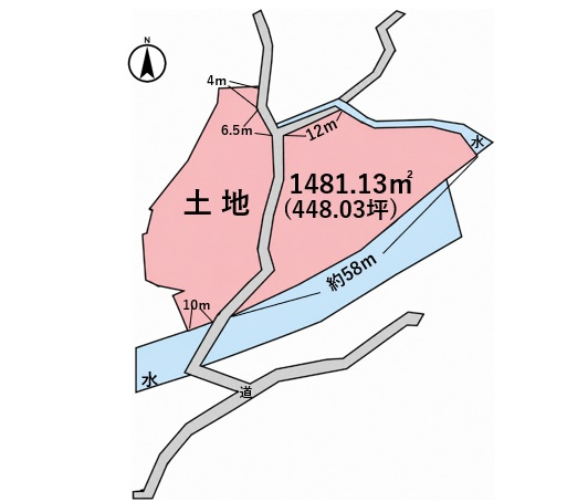 売土地　静岡市葵区富厚里の土地図|静かな山間エリアに位置する、約448.03坪の土地です。