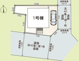 【区画図】 | 中央区上矢部2丁目  1号棟 第38 | 南東角地　南側約7.0ｍ・東側約4.0ｍ各公道　駐車1台（車種によります）　敷地面積28.5坪