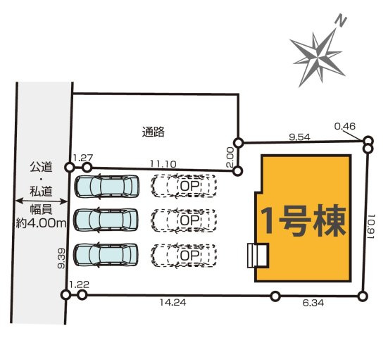 狭山市水野・全1棟　新築一戸建　～ZEH水準の省エネ住宅～の区画図|カースペースが並列3台、オプション工事でさらに3台プラスも可能！