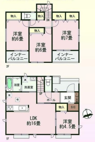 【間取り】 | 玉村町南玉　新築住宅 | 広々とした16畳のLDKと全居室収納付きの4LDK。玄関には便利なSIC、2階には2箇所のインナーバルコニーを完備。各階にトイレがあり、豊かな収納力と高い快適性を兼ね備えた充実の間取りです。