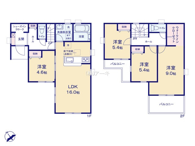 刈谷市井ヶ谷町井田26-2『仲介手数料無料』新築一戸建て・建売の間取り|　4号棟　1F:LDK16帖に隣接する洋室4.6帖　CL設置！ホール収納♪シューズインクローク♪2F:主寝室9帖　WIC設置！洋室5.4帖・洋室5.4帖　CL設置♪2南面バルコニー♪