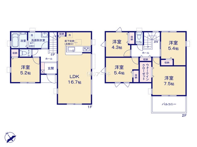 刈谷市井ヶ谷町井田26-2『仲介手数料無料』新築一戸建て・建売の間取り|　3号棟　1F:LDK16.7帖！キッチン収納♪洋室5.2帖　CL設置♪2F:洋室7.5帖　WIC設置！洋室5.4帖・洋室5.4帖・洋室4.3帖　CL設置♪ホール収納♪南面バルコニー♪