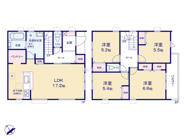 刈谷市井ヶ谷町井田26-2『仲介手数料無料』新築戸建ての間取り|　2号棟　1F:LDK17.2帖！パントリー♪ダイニング収納♪ホール収納♪2F:洋室6.6帖・洋室5.5帖・洋室5.4帖・洋室5.2帖　CL設置♪南面バルコニー♪