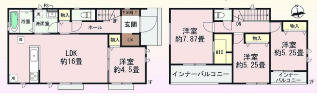 【間取り】 | 前橋市朝日が丘町　新築住宅 | 1階に約16畳のLDKと隣接する洋室、玄関には便利なSICを配置。2階は全居室に収納があり、主寝室にはWICを完備。2か所のインナーバルコニーなど、ゆとりある収納と快適な動線が魅力の間取りです。