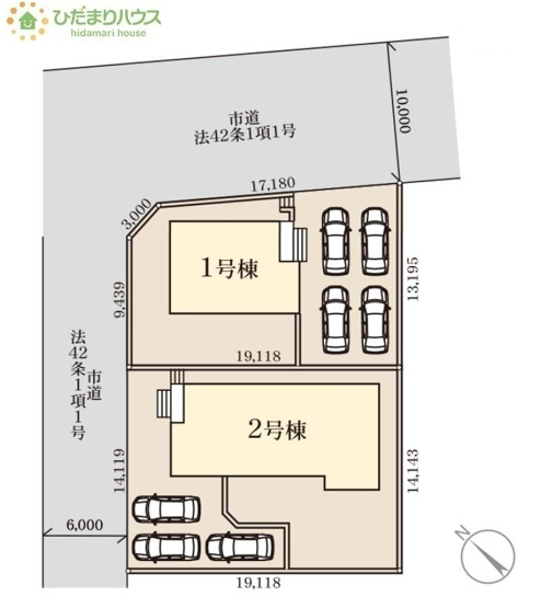 【区画図】 | 第1土浦市木田余東台　新築戸建　1号棟 | 前面道路幅6ｍ☆車の出入りもラクラクできちゃいます(^^♪
（1号棟）