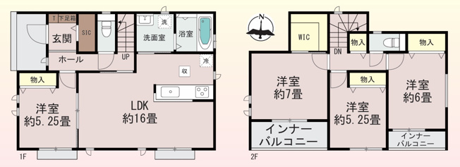 【間取り】 | 前橋市六供町　新築住宅 | 1階にLDKと洋室、2階に3部屋とWICや各所物入を備え、収納充実で家族全員がゆったり暮らせる4LDKの間取りです。