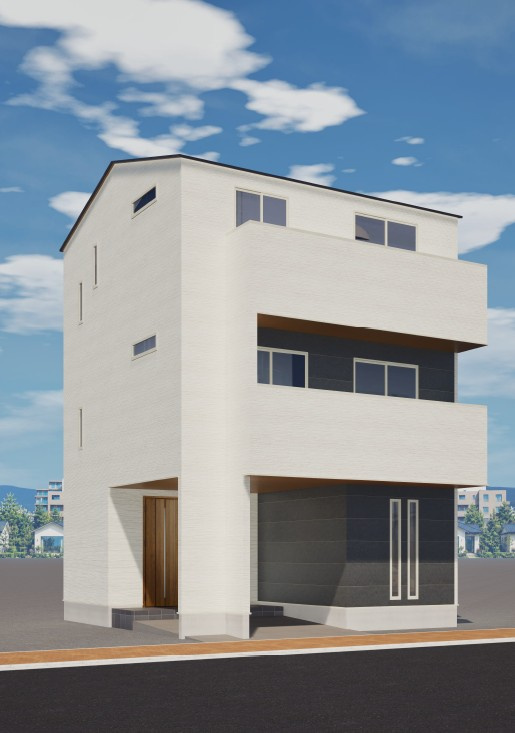 新座市栄4丁目新築戸建の外観パース|建物完成イメージでございます。
素敵なデザイン住宅完成に向けて建築中です。