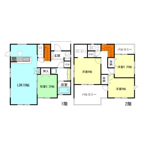 【間取り】 | ブルーミングガーデン高崎市下豊岡町ー⑤ | 玄関には嬉しいシューズインクローク付き！
8帖主寝室はウォークインクローゼット完備！