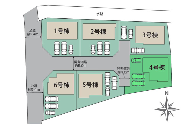 【区画図】 | ブルーミングガーデン高崎市下豊岡町ー④ | 豊岡小学校まで徒歩11分♪
全棟オール電化住宅の全6棟分譲登場です！
