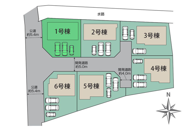 【区画図】 | ブルーミングガーデン高崎市下豊岡町ー① | 豊岡小学校まで徒歩11分♪
全棟オール電化住宅の全6棟分譲登場です！
南西角地に面した敷地！