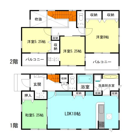 【間取り】 | ブルーミングガーデン高崎市下豊岡町ー① | 玄関上部は吹抜け仕様！
全居室南向きの暖かな間取り！
キッチンには食器洗乾燥機完備！