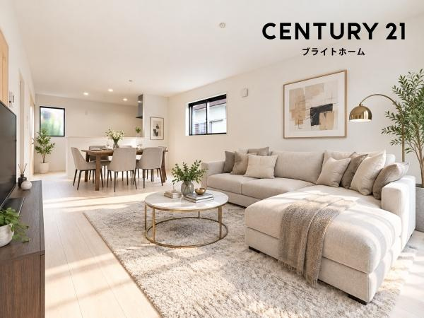 横浜市旭区川島町の新築一戸建の居間・リビング|対面式のキッチンはお料理中でも家族とのお話も弾みます。
※家具等はCGでの参考レイアウトです。
